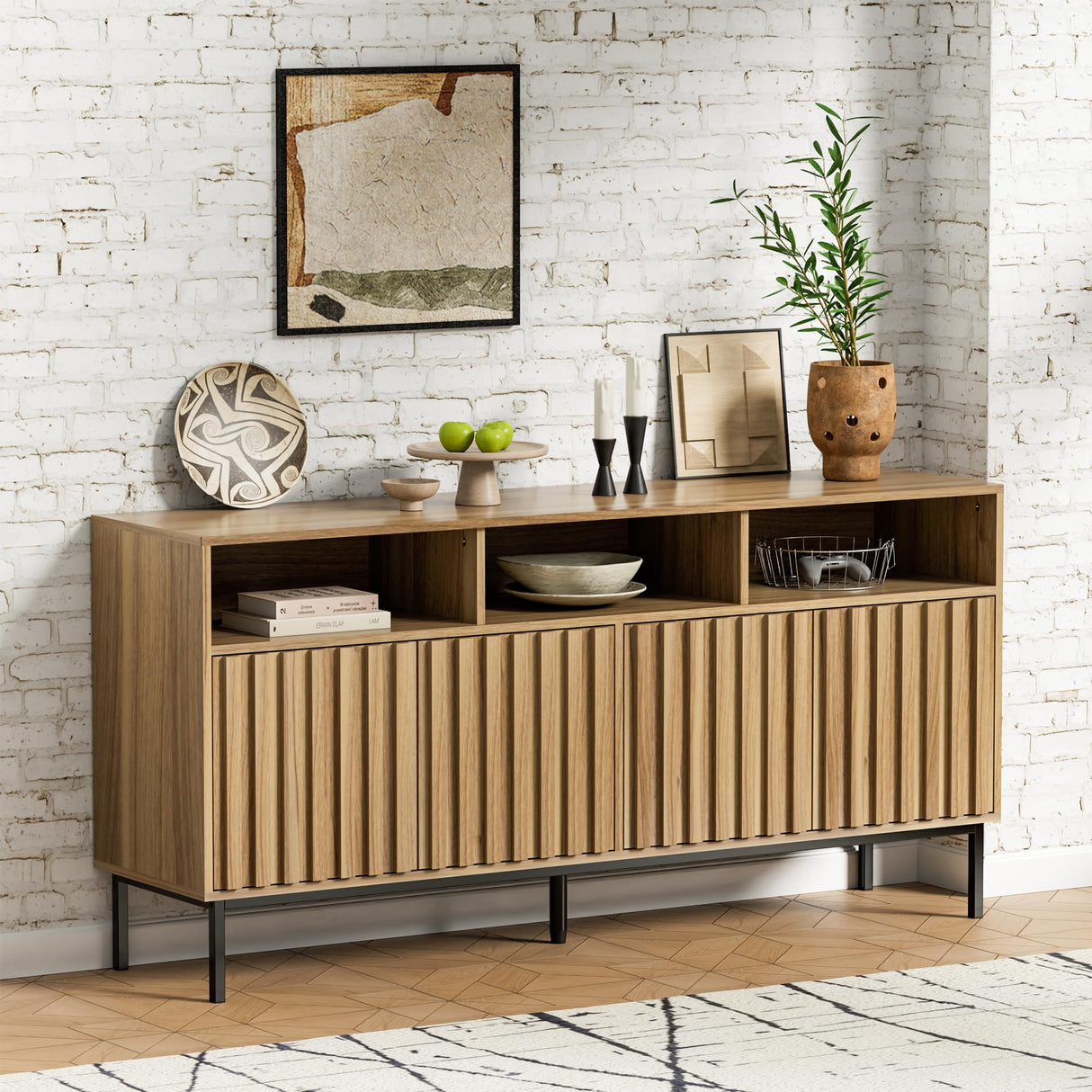 UEV Mid Century Modern Sideboard Buffet Cabinet with Storage, 61.4'' Fluted Sideboard Cabinet,Wood Buffet Cabinet with Metal Legs,Accent Credenza Storage Cabinet with 4 Doors and Spacious Top(Wood) UEV