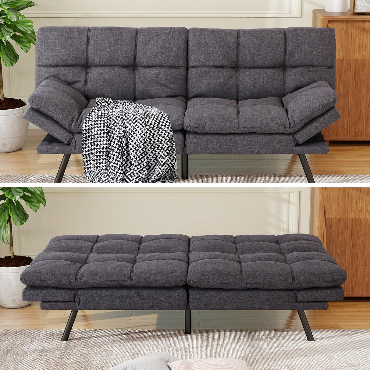 MUUEGM Futon Sofa Bed Memory Foam Small Loveseat Sleeper Sofa Dark Grey with Adjustable Backrest Removable Armrests for Small Space Office Couch,Living Room,Apartment MUUEGM