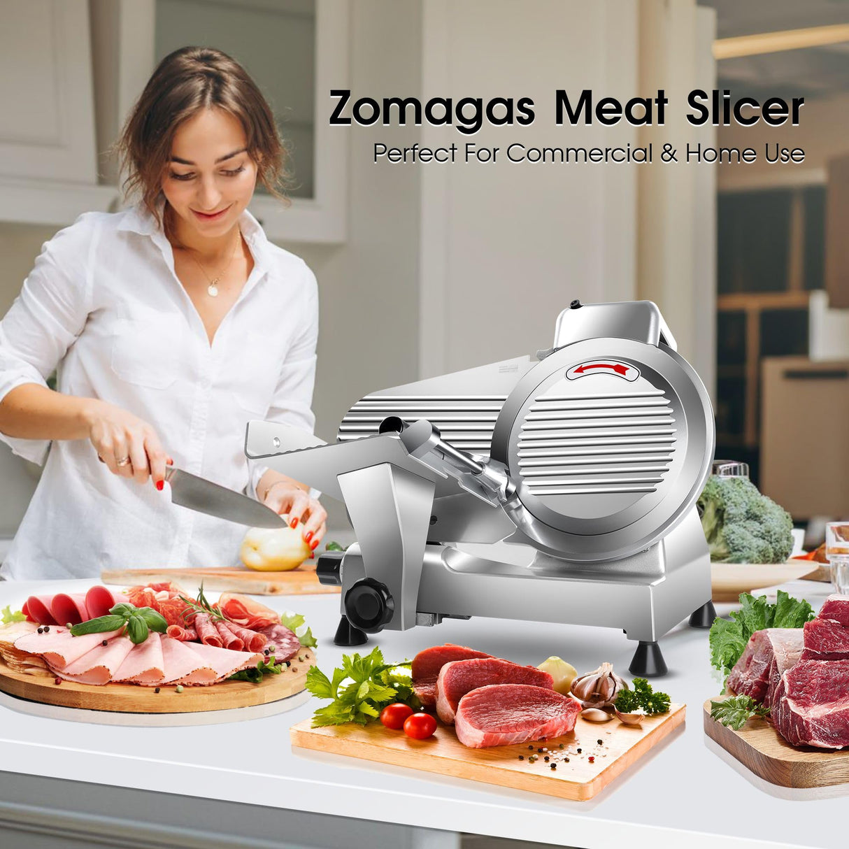 Zomagas Meat Slicer Machine,10 inch Commercial Meat Slicer, 240W Frozen Meat Cheese Deli Slicer,Premium Chromium-plated Steel Blade Semi-Auto Foody Slicer for Commercial and Home Use,Low Noises Zomagas