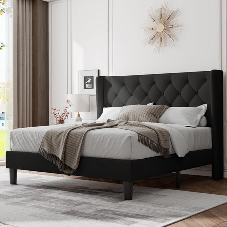 Feonase Full Size Bed Frame with Upholstered Wingback Headboard,Button Tufted Platform Bed and Heavy Duty Wooden Slats Support,Easy Assembly, Noise-Free,No Box Spring Needed, Black Feonase