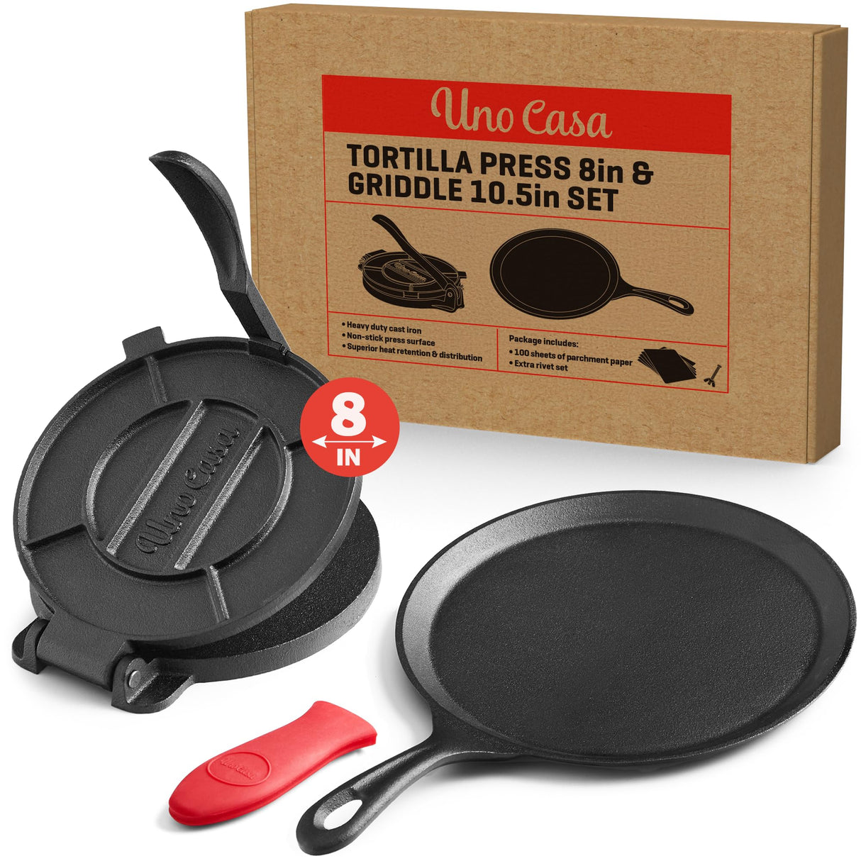 Uno Casa Cast Iron Tortilla Press 8 Inch with Cast Iron Comal Pan - Bundle of Cast Iron Tortilla Skillet for Roti, Tawa, Dosa, and Pataconera - Pre-Seasoned Heavy Duty Cookware for Authentic Cooking Uno Casa