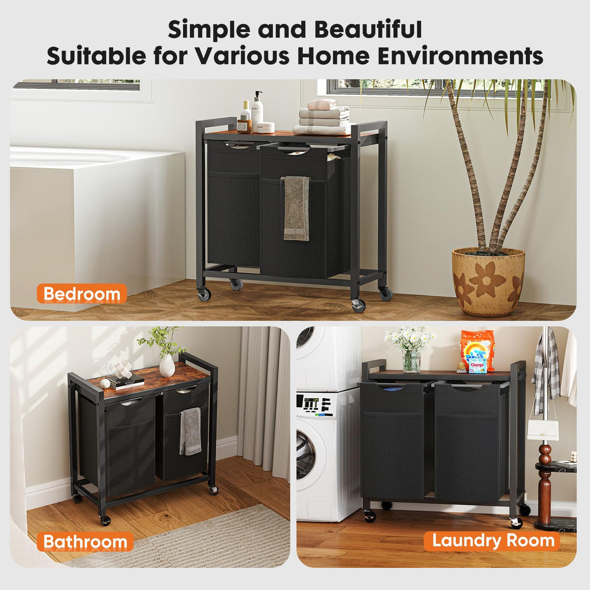 Sweetcrispy Laundry Hamper with 2 Pull-Out Removable Sorter Bags 2 × 13.1Gal (99L) Capacity, Movable Wheels, Freestanding Clothes Basket Organizer in Bathroom, Rustic Brown and Black Sweetcrispy