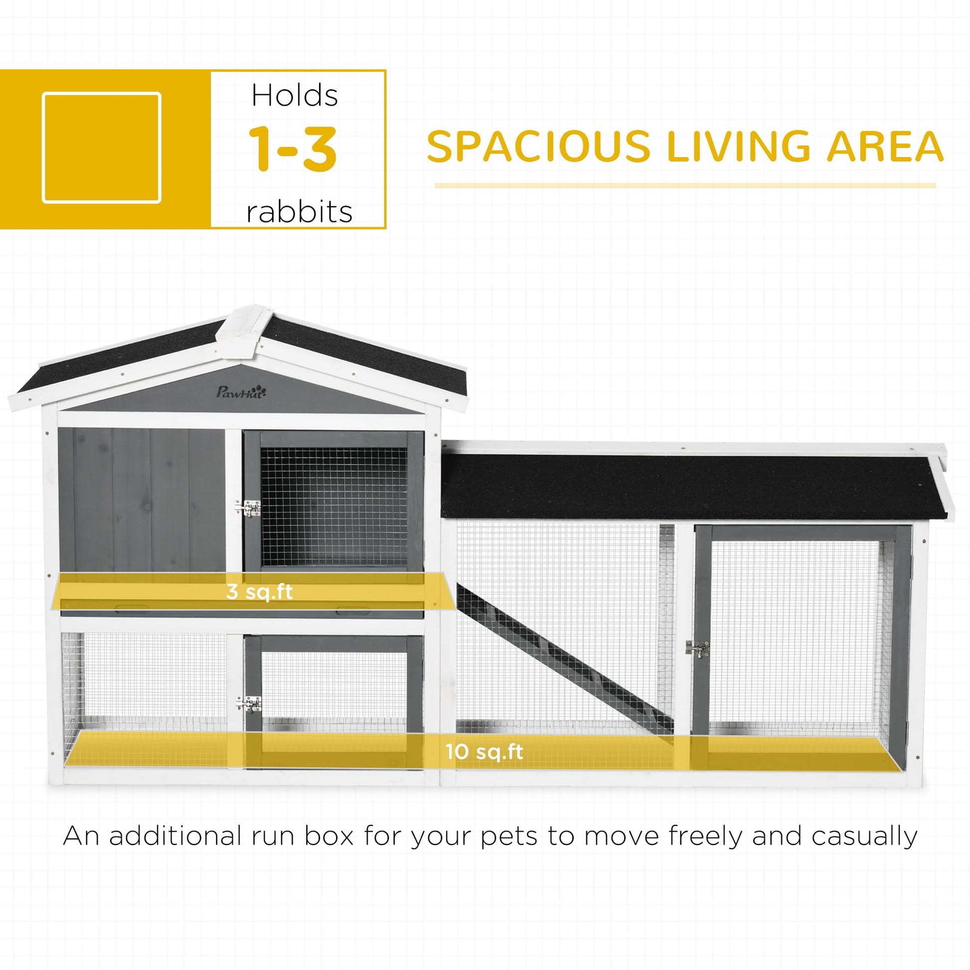 PawHut 69" Rabbit Hutch, Wooden Bunny Hutch, Guinea Pig Cage, Small Animal Enclosure with Run Area, Removable Tray, Asphalt Roof, Lockable Doors and Ramp, White - WoodArtSupply