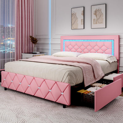 Full Size Bed Frame with LED Lights, Upholstered Bed Frame with Storage Drawers, Princess Platform Bed with Diamond Headboard and Footboard, No Box Spring Needed, Pink