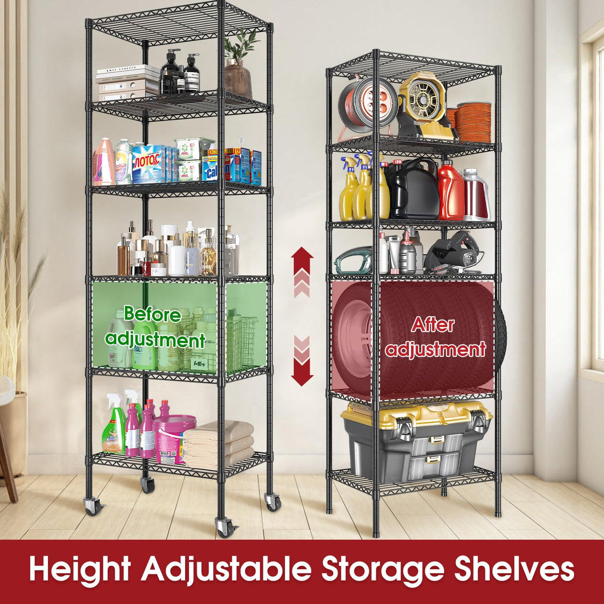 Homtura 6-Tier Rolling Storage Shelves, 14" D x 24" W x 71" H Adjustable Space-Saving Wire Rack Shelving, 750 lbs Capacity Heavy Duty Metal Shelving with Wheels for Garage, Closet, Kitchen Homtura