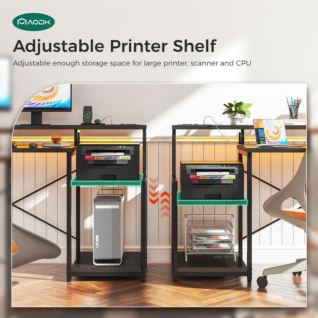 AODK Computer Desk, 48 Inch Gaming Desk with Led Lights & Power Outlet, Office Desk with Printer Storage Shelves, Reversible Desk with Monitor Shelf & Headphone Hook, Carbon Fiber Black AODK