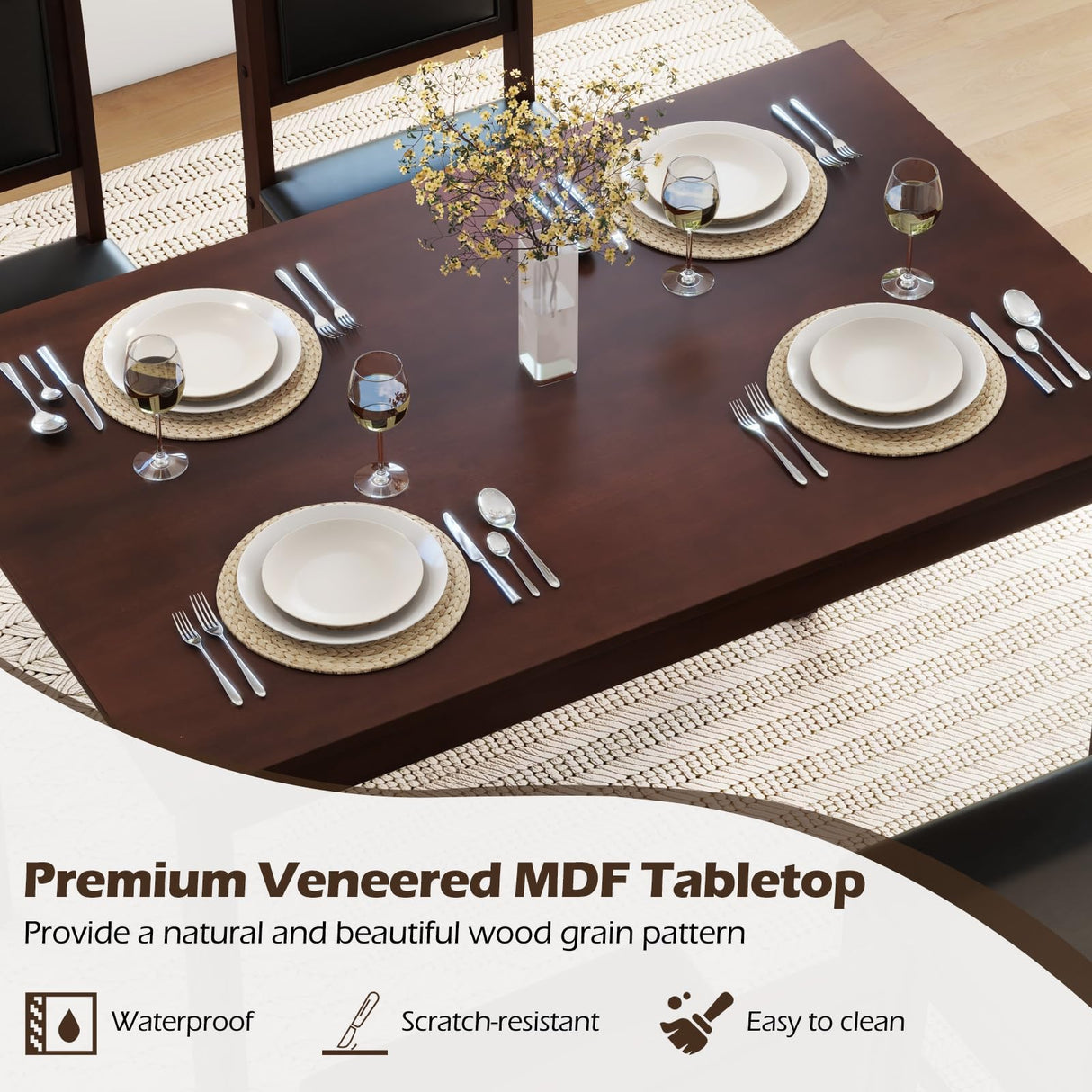 POWERSTONE Farmhouse Wood Dining Table Set for 4, Space-Saving Kitchen Table 4 Chairs Paded PU Leather, Rectangular 5 Piece Dining Table Set 4 Rubberwood Legs Chairs for Kitchen Indoor Dinner (Brown) POWERSTONE