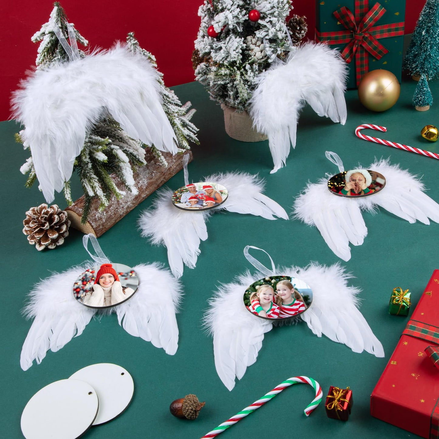 20 Pcs Christmas Angel White Wings Ornament, Angel Feather Wings Feather Hanging Decor with Round Sublimation Blank Pendants for Christmas Tree Crafts Angel Mini Wings Xmas Decor