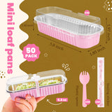 NPLUX 50 PACK Mini Cake Pans with Lids and Spoons,Rectangular Aluminum Foil Bread Pan,Mini Loaf Pans and Food Containers with Lids(Pink,6.8oz) NPLUX