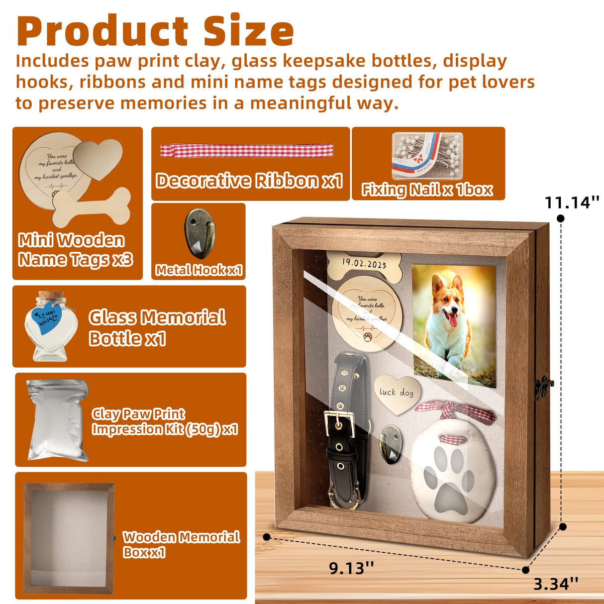 CALPALMY Pet Memorial Box - 11" x 9" Wooden Keepsake Shadow Box Kit with Paw Print Clay, Memorial Bottle & Photo Frame – Pet Loss Sympathy Gift for Dogs & Cats CALPALMY