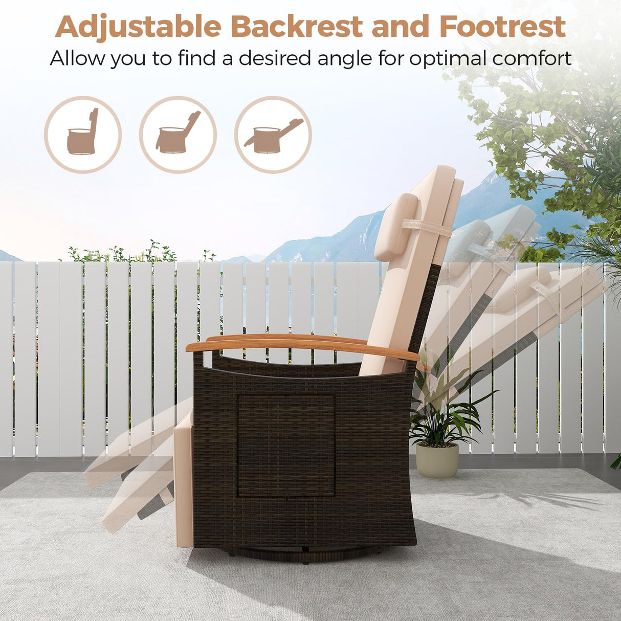 HAPPYGRILL Outdoor Swivel Rattan Recliner Chairs Set of 2, 360° Patio Wicker Chaise Lounge Chair with Adjustable Backrest & Footrest, Flip Side Table for Outside Porch, Poolside & Backyard (Beige) HAPPYGRILL