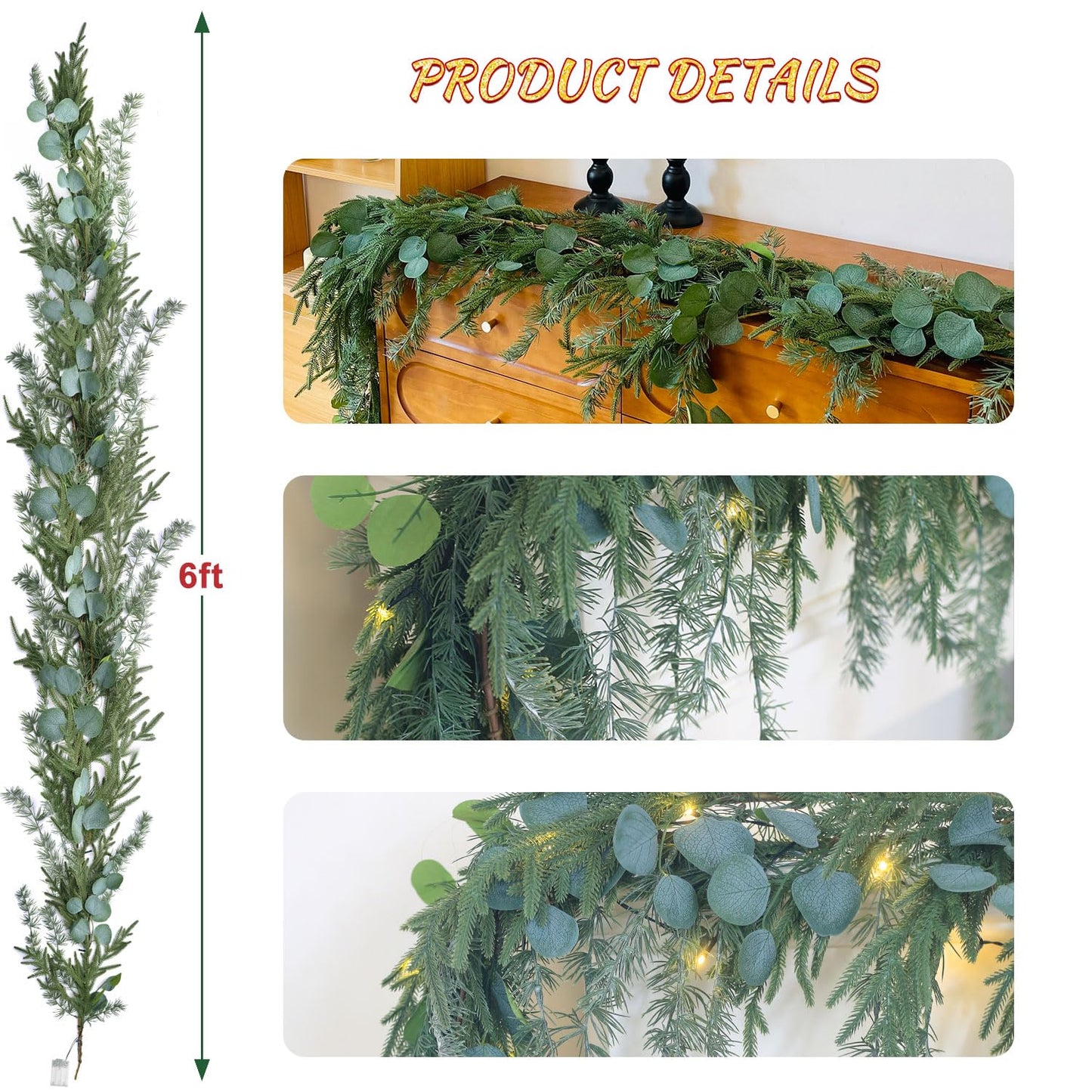 EnnbeRuu Real Touch Norfolk Pine Garland with Tassels, Premium Christmas Garland (Norfolk & Tassels, 6FT)