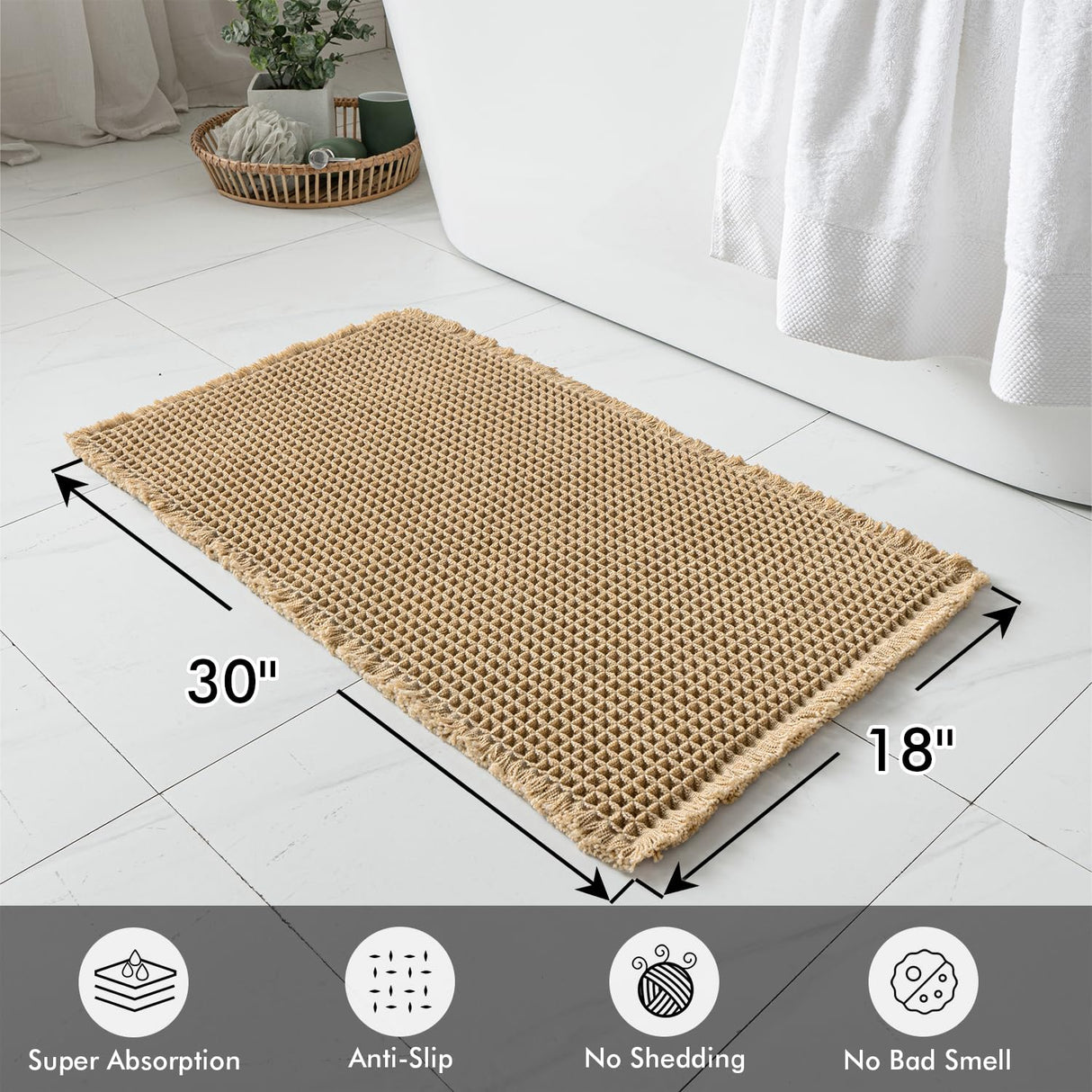 MIULEE Set of 2 Waffle Bathroom Rugs, Boho Bath Rugs Non Slip Washable, Super Absorbent Bath Mats, Ultra Soft Rubber Backed Shower Mats for Bathroom Floor, Tub and Shower, Brown, 18x30 Inch MIULEE