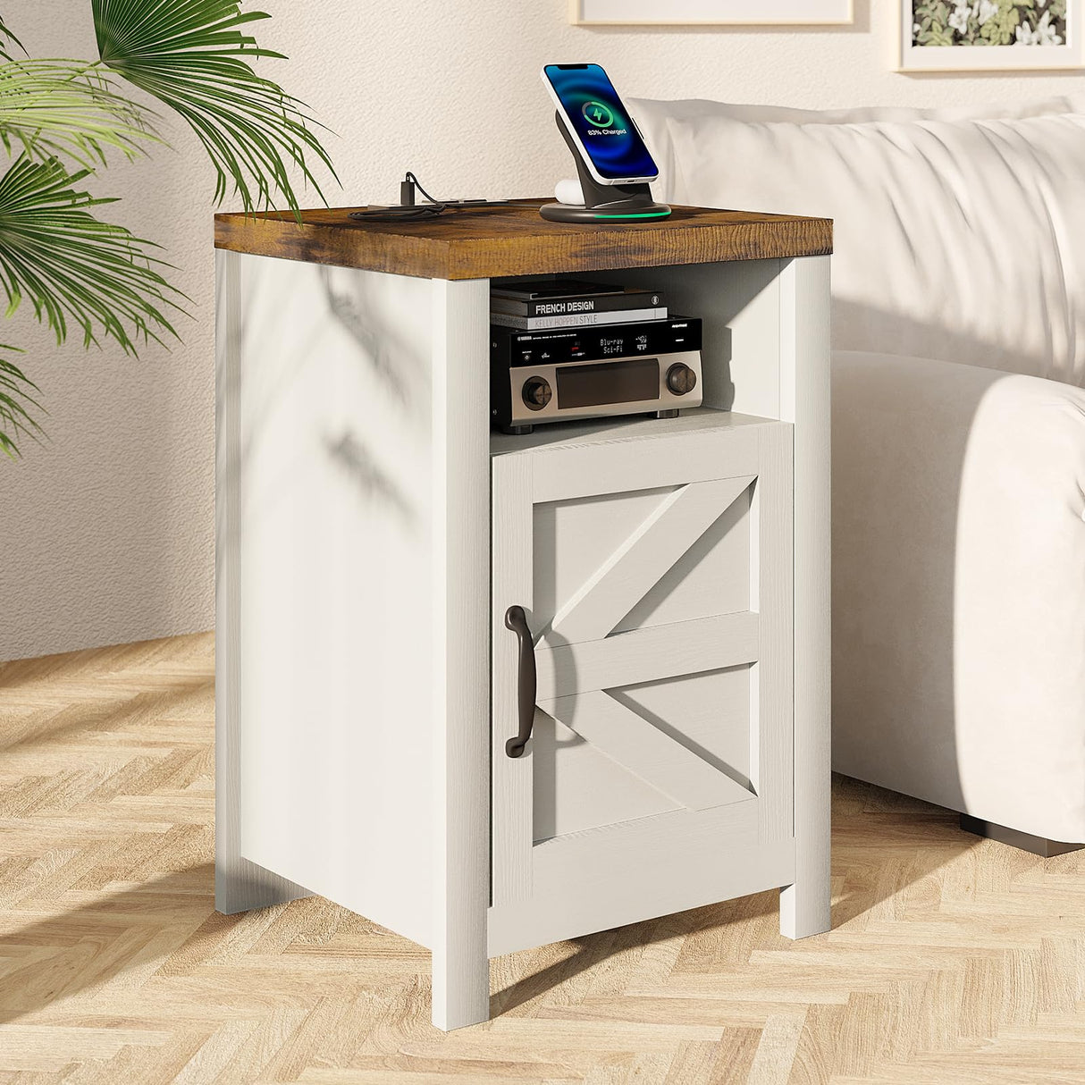 MXV Farmhouse Nightstands with Charging Station, End Tables Set of 2 with Barn Door, Sofa Side Table with Storage Space for Bedroom, Living Room (White) MXV