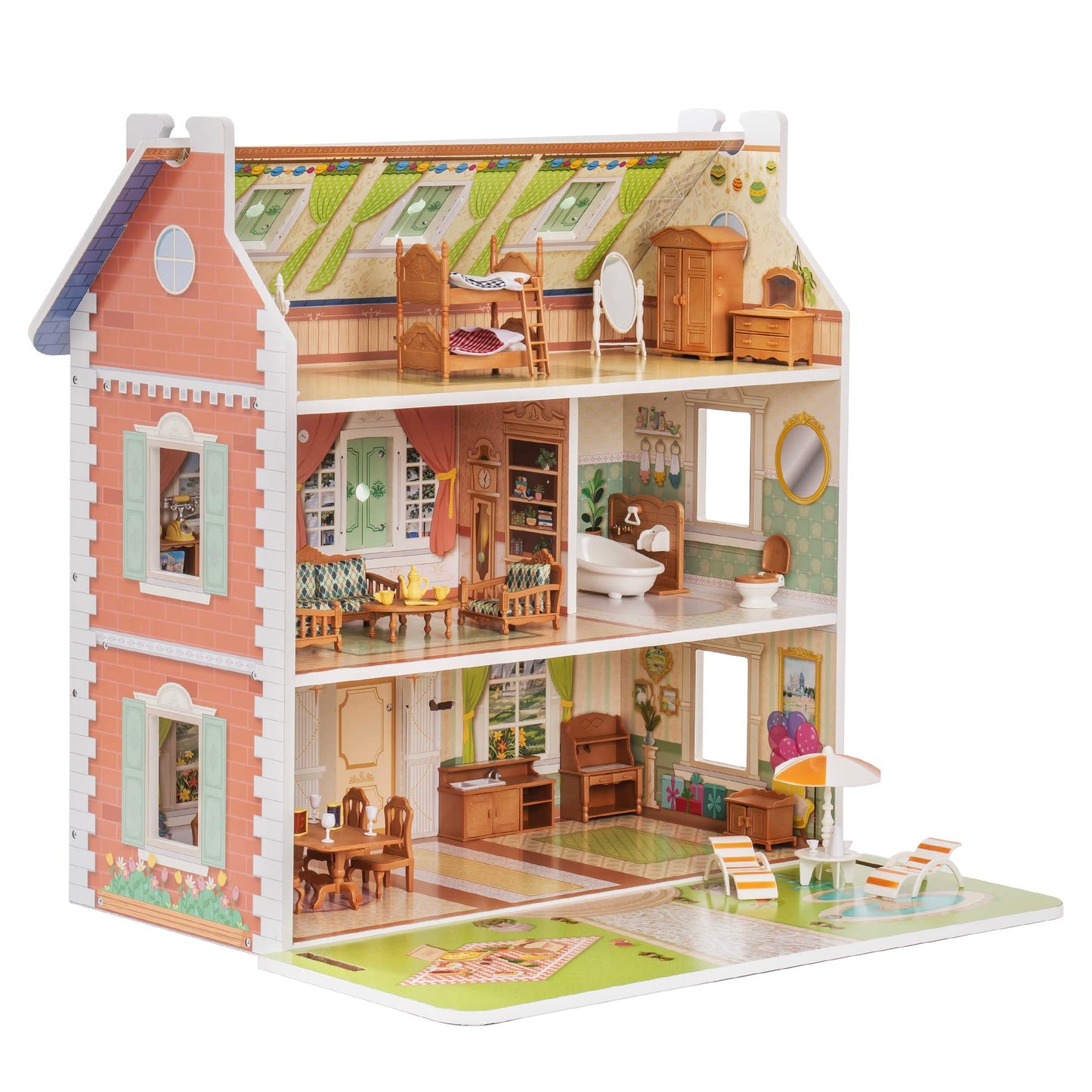 ROBOTIME Doll House 3 in 1 Wooden Dollhouse Doll House for Kids Toddler 3 4 5 6 Years Old, Dollhouse with DIY Furniture/ 40+PCS Accessories, Present Gift for Girl Ages 3+(Antique Style)