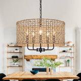 LASENCHOO 5 Lights Rattan Wicker Drum Chandeliers for Dining Room, Dia 19" Drum Pendant Light Fixture Hanging Boho Chandelier for Living Room Kitchen Entryway Hallway Bedroom, Height Adjustment LASENCHOO