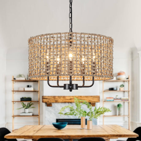 LASENCHOO 5 Lights Rattan Wicker Drum Chandeliers for Dining Room, Dia 19" Drum Pendant Light Fixture Hanging Boho Chandelier for Living Room Kitchen Entryway Hallway Bedroom, Height Adjustment LASENCHOO