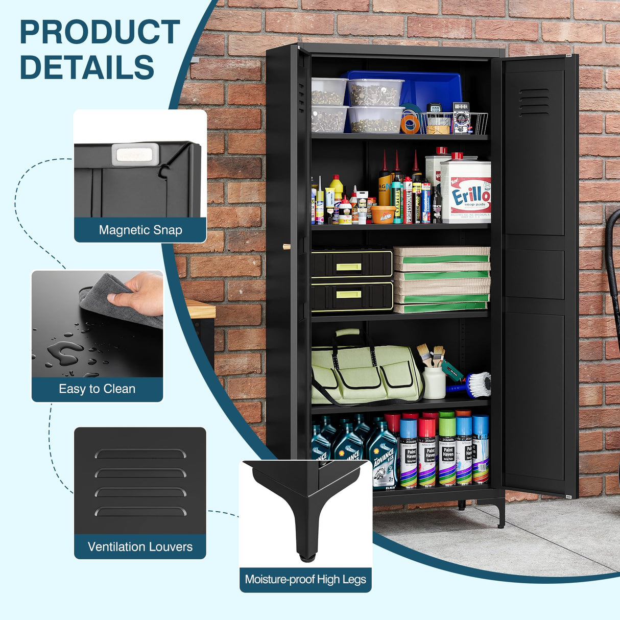 MIIIKO Storage Cabinet with Doors, Metal Pantry Cabinet, Tall Kitchen Storage Cupboard with 4 Shelves, Freestanding Storage Cabinet for Laundry Room, Garage and Bathroom MIIIKO