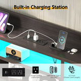 LUXOAK Full Farmhouse Bed Frame with Bookcase Headboard and 4 Drawers, LED Storage Bed with Charging Station & Linen Upholstered, No Box Spring Needed, Black LUXOAK