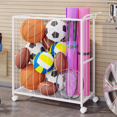 Homsorout Ball Storage Bin Rolling Sports Ball Cart, Metal Garage Organizer Sport Rack, Ball Basket Storage, Ball Cage for Garage or Gym, Indoor & Outdoor Sports Equipment Organizer white Homsorout