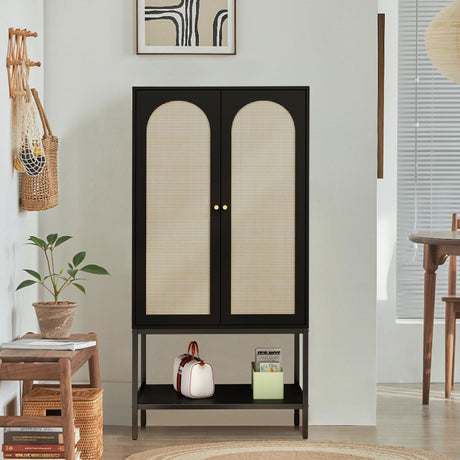 UHMUVFM Wardrobe Closet with 2 Doors, Rattan Wardrobe Cabinet with Shelves and Hanging Rail for Clothes, Bedroom Independent Wardrobe Closet (Black) UHMUVFM