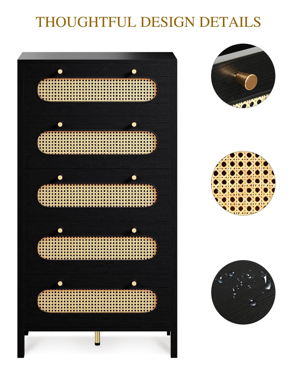 DWVO 47" Tall Natural Rattan 5 Drawer Boho Dresser Chest of Drawers with Golden Handles, Wood Dresser Storage Cabinet for Hallway, Entryway, Hold up to 300lbs, Black DWVO