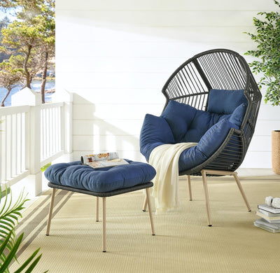 Belord Wicker Egg Chair with Ottoman - 350lbs Capaticy Outdoor Indoor Egg Shaped Basket Lounge Chair with Anti-Rust Stand Water Resistant Cushion with Ties for Patio Balcony Bedroom Living Room Blue