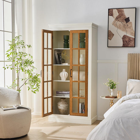 Polibi 71.2" Rustic Display Cabinet with Glass Doors - Curio China Cabinet for Collectibles, Books & Decor, Adjustable Shelves, Fits Living Room, Kitchen, Hallway or Office, White+Brown Polibi