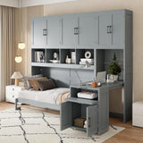 Harper & Bright Designs Twin Size Murphy Bed, Wooden Twin Wall Bed Frame with Closet, Drawers & Desk, Gray Harper & Bright Designs
