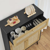 Iwell Storage Cabinet with Adjustable Shelf, Rattan Cabinet with Large Drawer, Sideboard Buffet Cabinet with Storage, Accent Cabinet, Bathroom Storage Cabinet for Dining Room, Entryway, Bedroom, Black Iwell