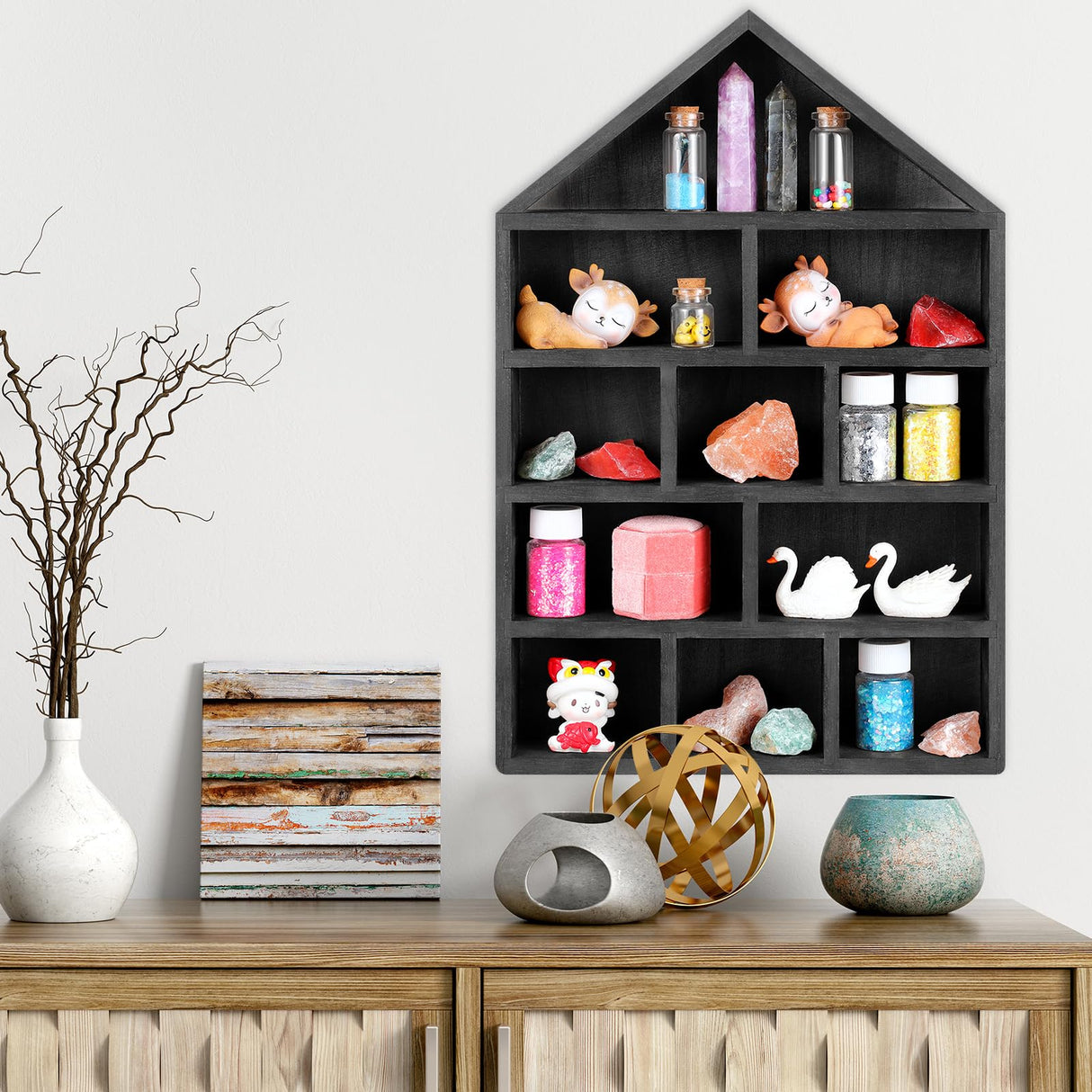 Threehoney House Shaped Wooden Shadow Cubby Box 10 W x 2 1/4 D x 15 H Hanging Display Shelf Organizer Wall Mounted Curio Cabinet Wooden Display Case Miniature Display Shelf for Figures (Black) Threehoney