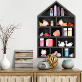 Threehoney House Shaped Wooden Shadow Cubby Box 10 W x 2 1/4 D x 15 H Hanging Display Shelf Organizer Wall Mounted Curio Cabinet Wooden Display Case Miniature Display Shelf for Figures (Black) Threehoney