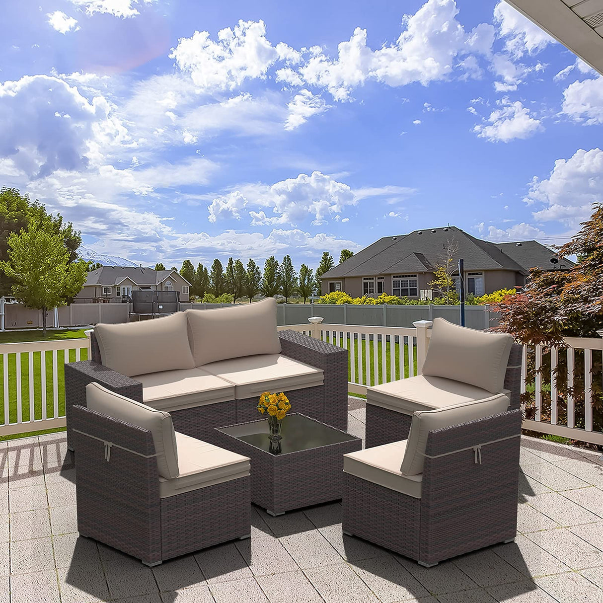 Kullavik Outdoor Patio Furniture Set 6 Pieces Sectional Rattan Sofa Set Brown PE Rattan Wicker Patio Conversation Set with 5 Seat Cushions and 1 Tempered Glass Table,Sand Kullavik