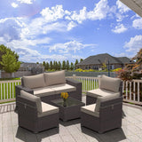 Kullavik Outdoor Patio Furniture Set 6 Pieces Sectional Rattan Sofa Set Brown PE Rattan Wicker Patio Conversation Set with 5 Seat Cushions and 1 Tempered Glass Table,Sand Kullavik