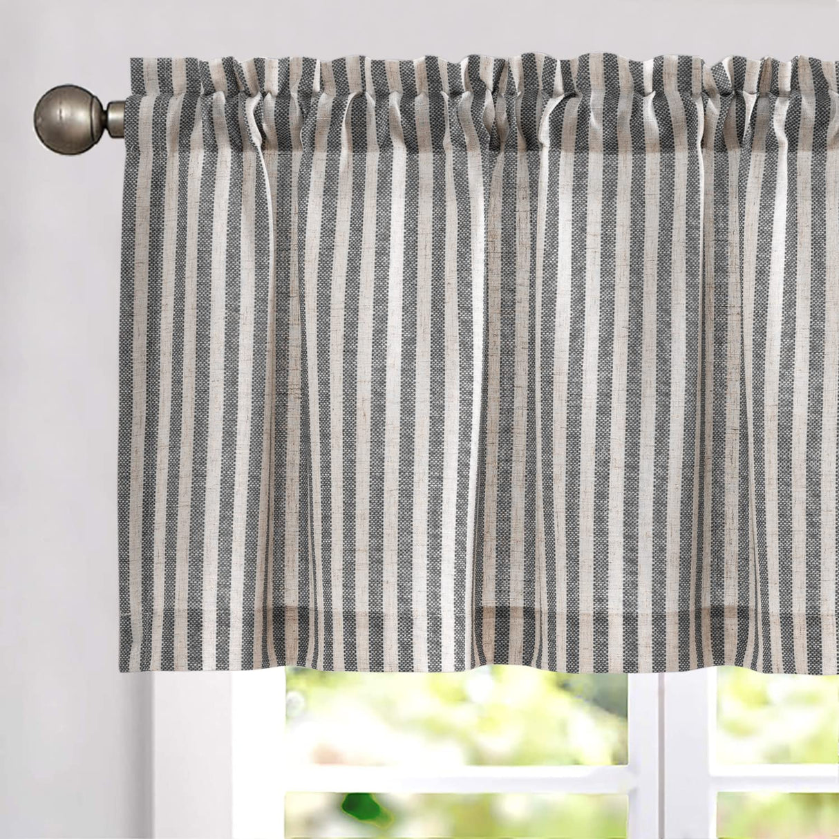 Vangao Kitchen Valance Linen Blend Stripe Short Curtains Farmhouse Country Rustic Pinstripe Tickingstripe Light Filtering Rod Pocket Window Topper Treatments 18 Inch 1 Panel Black on Beige Vangao