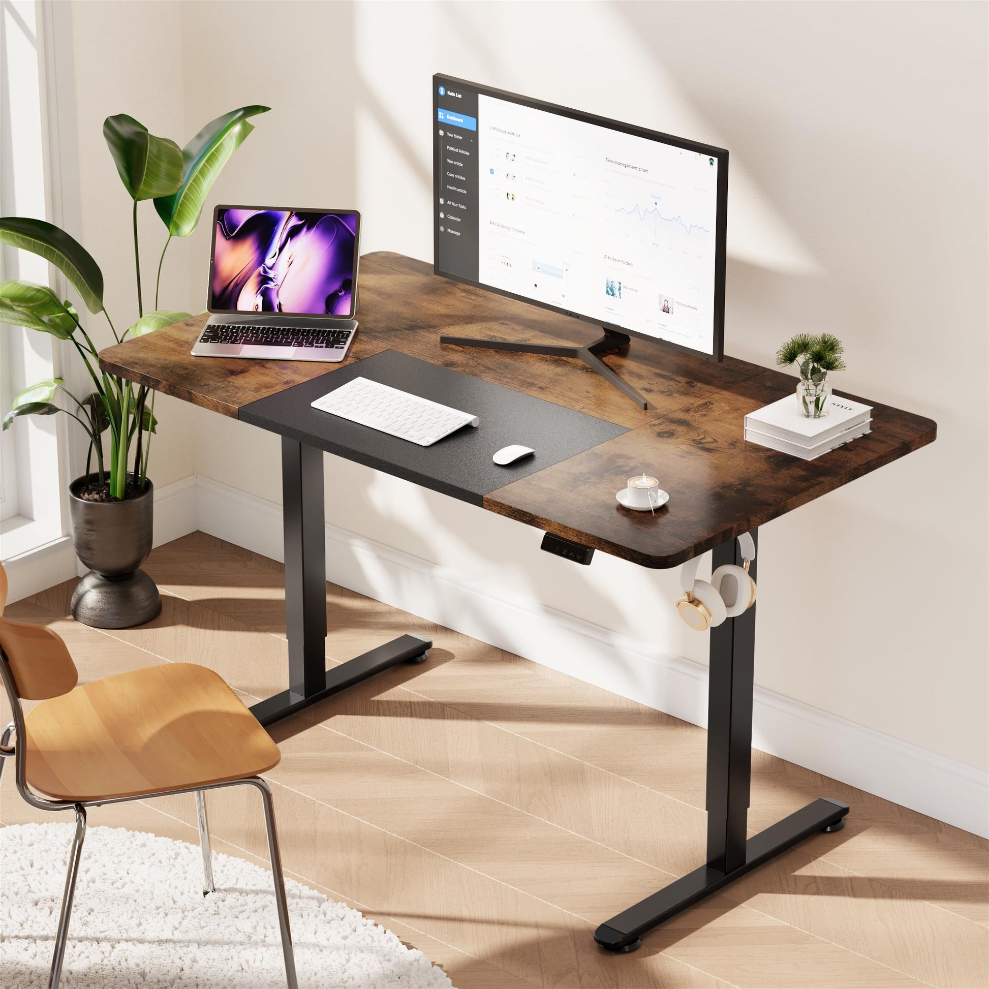 WOKA Electric Height Adjustable Electric Standing Desk, 55 x 28 Inch Sit Stand Desk with Memory Controllers, Stand up Desk for Home Office, Rustic Brown and Black Tabletop - WoodArtSupply