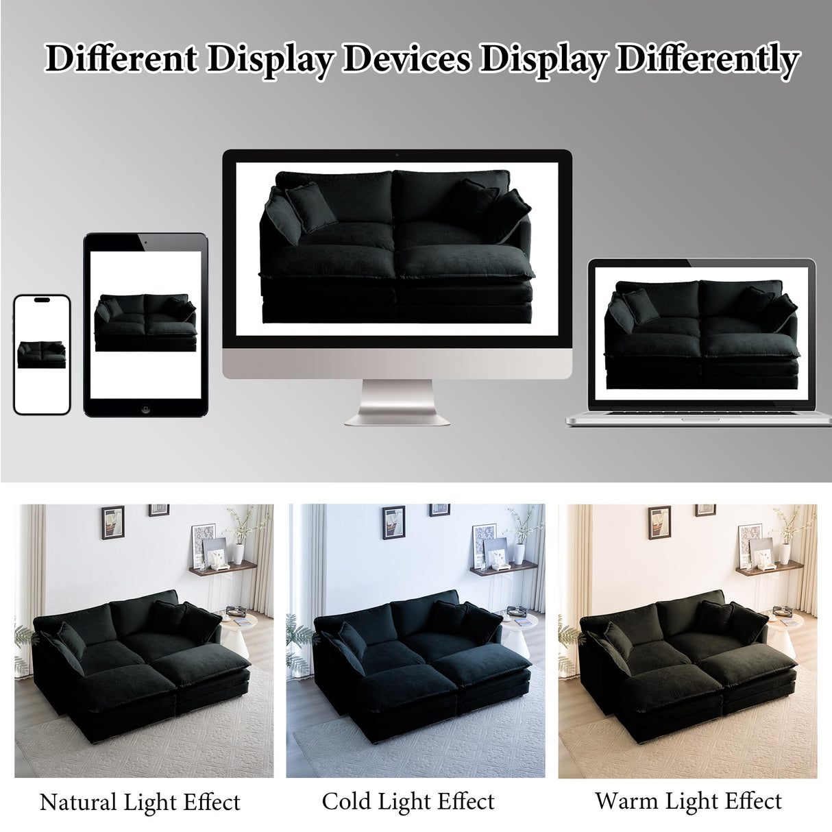 76.7" Deep Seat Sectional Cloud Sofa with 2 Ottomans & Soft Pillows, Loveseat Modular Couch for Living Room, Apartment, Small Space, Black Chenille Tmsan