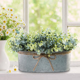 Winlyn Artificial Eucalyptus Arrangement in Rustic Oval Galvanized Metal Planter Box Faux Eucalyptus Bush Greenery Potted Plants for Farmhouse Indoor Home Office Table Centerpiece Kitchen Décor Winlyn