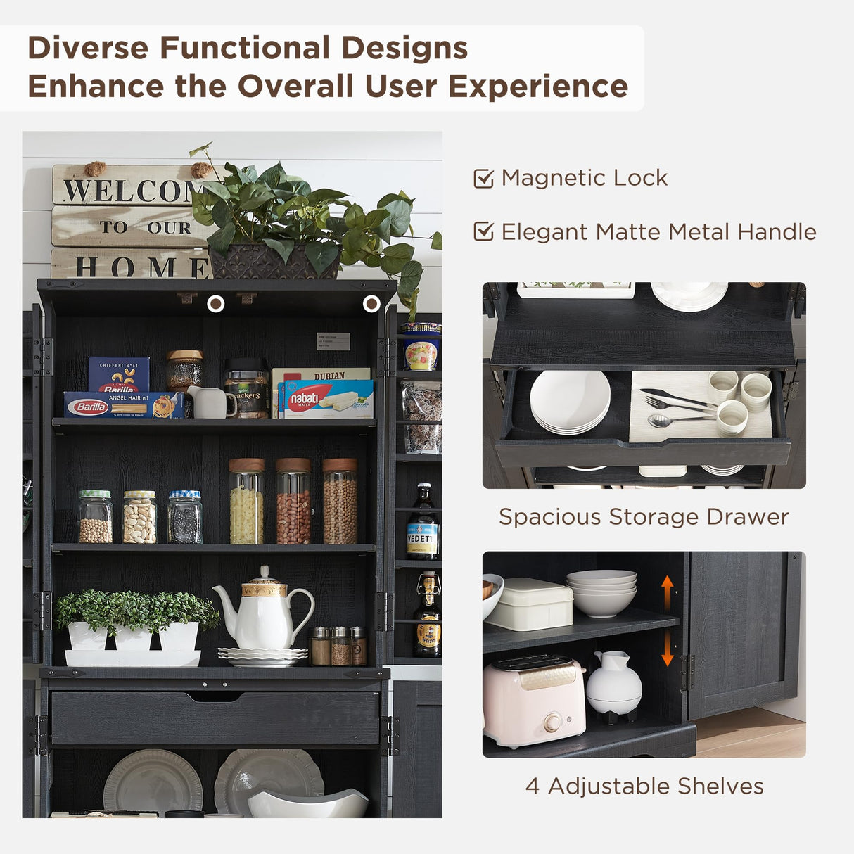 ACCOHOHO 72" Tall Kitchen Pantry, Farmhouse Storage Cabinet with Barn Door, Organizer, Drawer and Adjustable Shelves, Rustic Wood Cupboard for Kitchen, Dining Room, Bathroom, Black ACCOHOHO