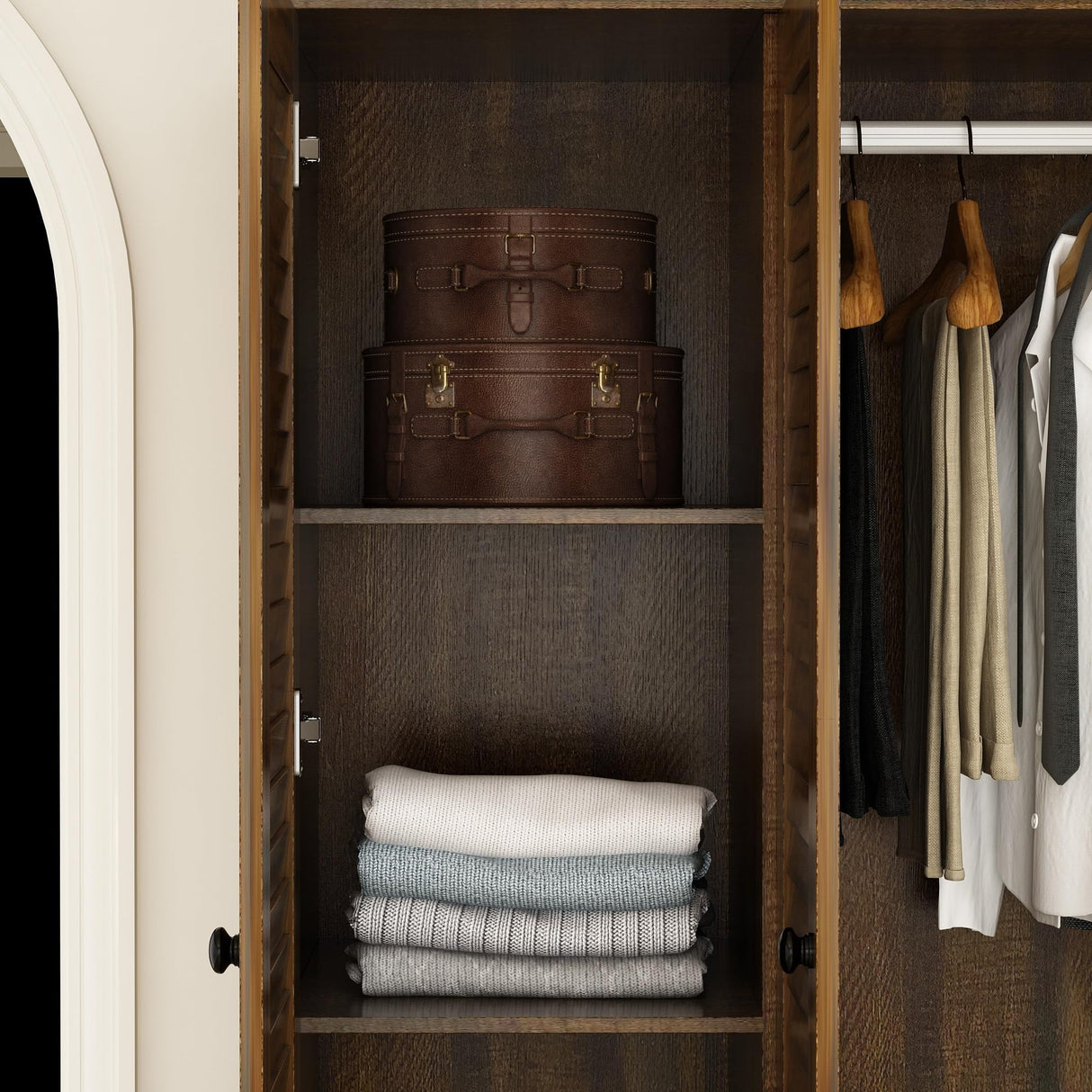 ECACAD Large Wardrobe Armoire with Multi-Tier Shelves, 5 Drawers, Hanging Rod & 4 Louver Doors, Wooden Closet Storage Cabinet for Bedroom, Black Brown (59.1”W x 19.1”D x 70.5”H) ECACAD