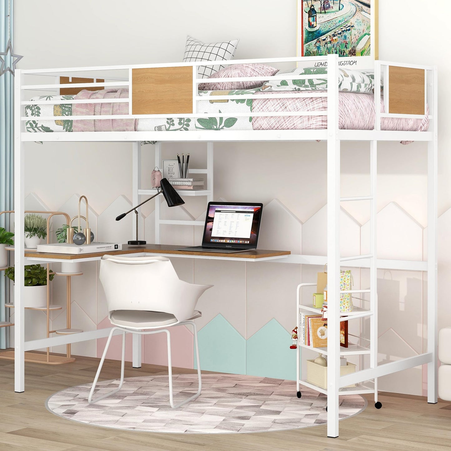 Twin Loft Bed with Desk and Storage Shelf, Metal Loft Bed Twin Size, Kids Loft Bed with Build in Ladder and Guardrails, Twin Loft Bed White