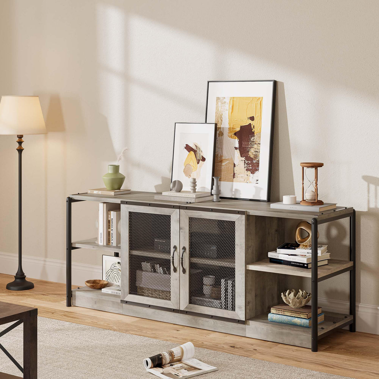 CABIHOME Farmhouse TV Stand for 65/75 inches TVs, Entertainment Center with Storage Cabinet and Mesh Doors, Industrial TV Media Console Cabinet Table, Media Furniture for Living Room, Grey CABIHOME