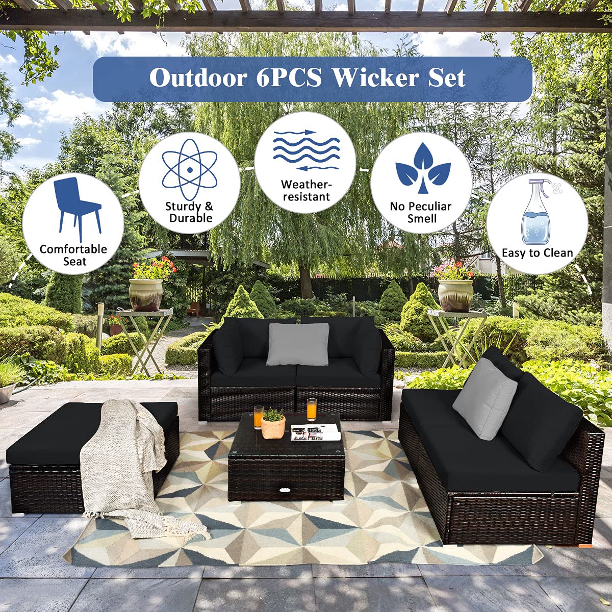 Tangkula 6 Piece Patio Furniture Set, Outdoor Deck Lawn Backyard Durable Steel Frame PE Rattan Wicker Sectional Sofa Set, Conversation Set with Coffee Table (Black) Tangkula