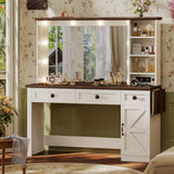 43.7" Farmhouse Vanity Desk with Large Mirror and Hollywood Lights, Makeup Vanity Desk with Charging Station, Adjustable Lighting,3 Drawers with 1 Velvet jewelry box for Bedroom, Dressing Room UPOSOJA