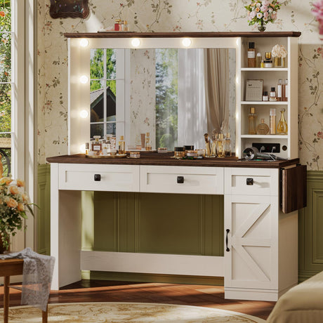 43.7" Farmhouse Vanity Desk with Large Mirror and Hollywood Lights, Makeup Vanity Desk with Charging Station, Adjustable Lighting,3 Drawers with 1 Velvet jewelry box for Bedroom, Dressing Room UPOSOJA