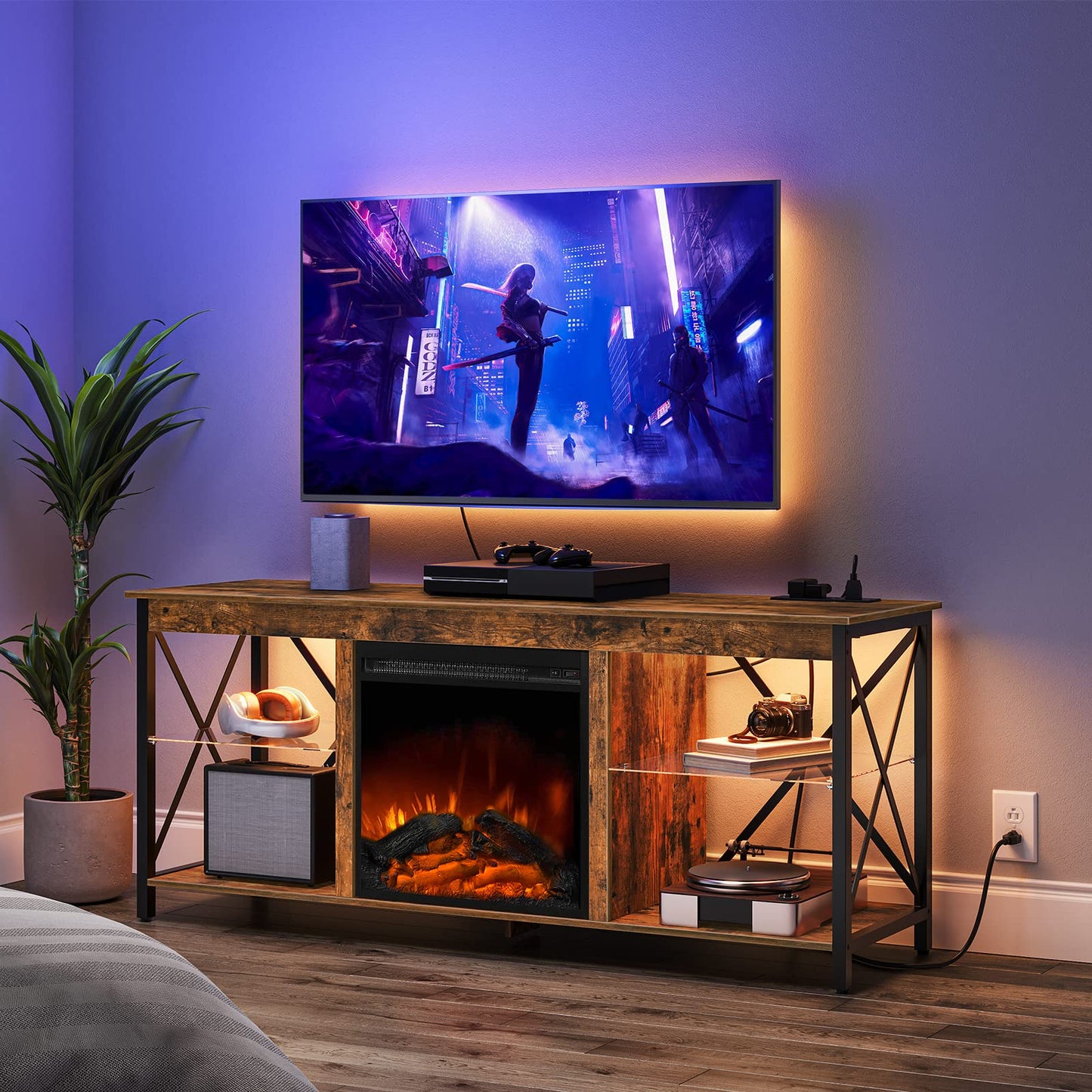 HOOBRO Fireplace TV Stand with Led Lights and Power Outlets, Wooden Media Entertainment Center Console Table with Glass Shelves, Fireplace TV Console for TVs up to 65", Rustic Brown BF140UDDS - WoodArtSupply