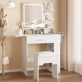 Vabches Makeup Vanity with Mirror and Lights, Small Vanity Desk with with Drawer Lots Storage, Vanity Set with Storage Drawer, Chair and Three Shelves, White Vabches