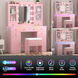 Wodeer Vanity Desk with Lighted Mirror & Power Strip,Makeup Vanity Table with RGB LED Lights & Chair,White Dressing Table Set with 7 Drawers & 2 Cabinet for Girls Women Bedroom & Dressing Room,Pink Wodeer