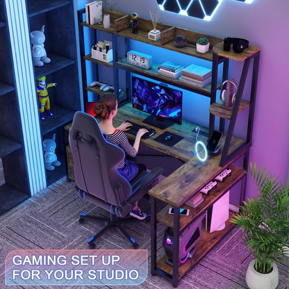 Vabches 64" L Shaped Computer Desk with LED Lights and Power Outlets, L Shaped Gaming Desk with 2 Drawers Hutch Monitor Stand, Home Office Desk with USB Port