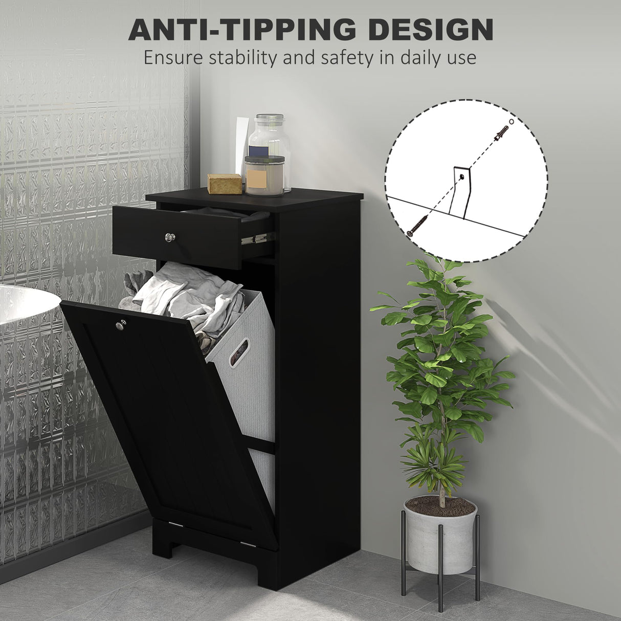 HOMCOM Laundry Hamper Cabinet with Removable Basket, Tilt Out Laundry Hamper Cabinet with Drawer and Beadboard Door, Laundry Cabinet Bathroom Storage Cabinet, Black HOMCOM